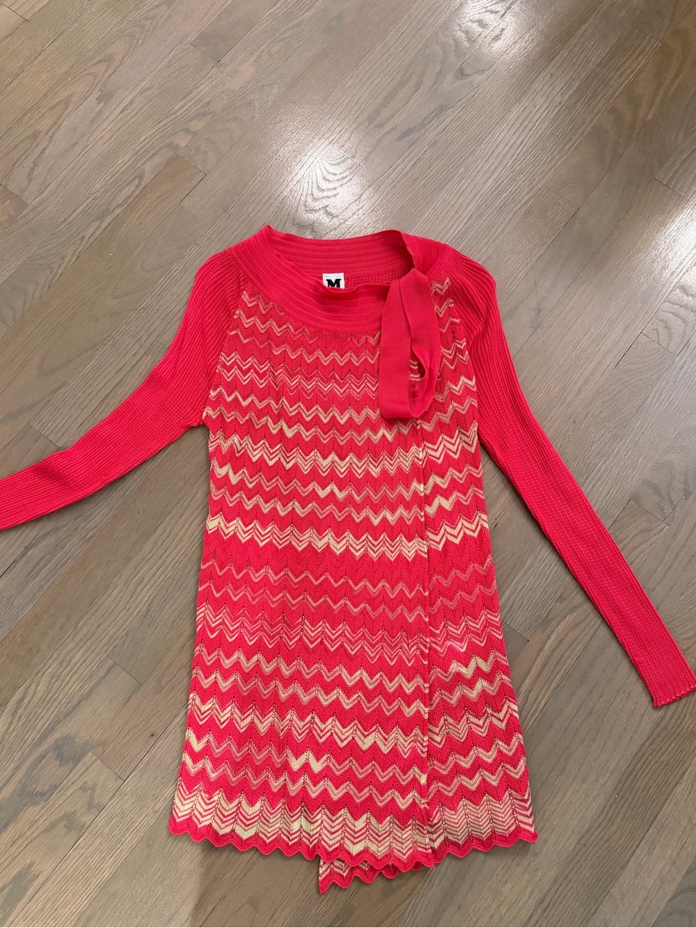 Missoni Red Chevron Knit Long Sleeve Sweater with Neck Tie